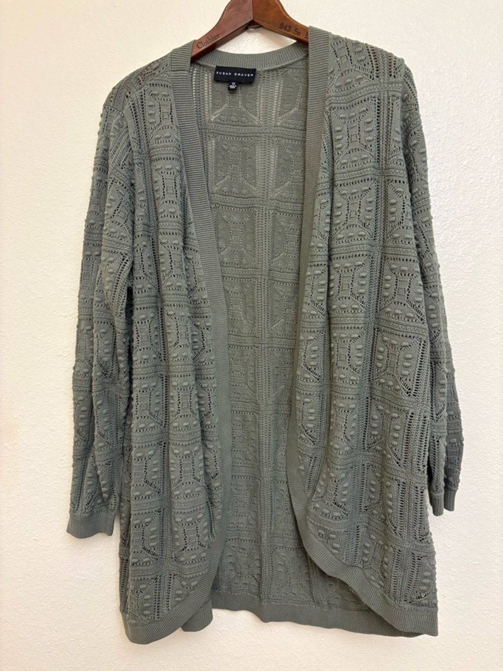 Susan Graver open-front Cardigan Sage Green 1X Textured Long Sleeve